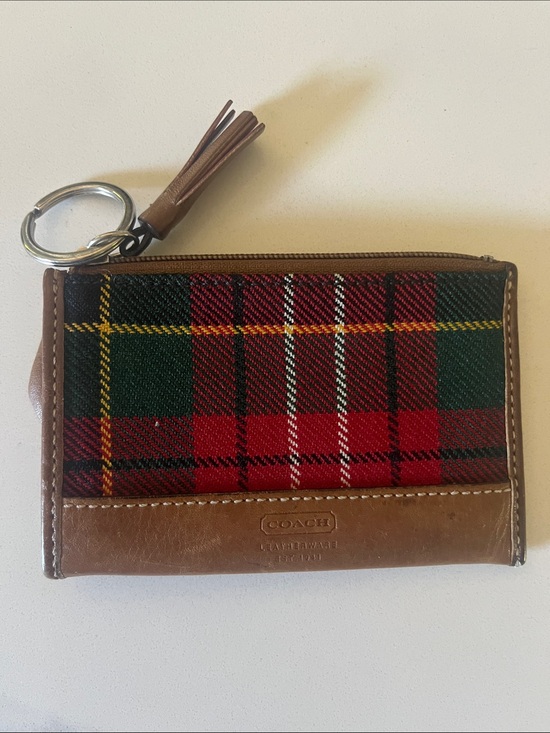 Coach Accessories - Coach Red & Green Plaid Zip Card Case with Brown Leather Trim keychain preppy